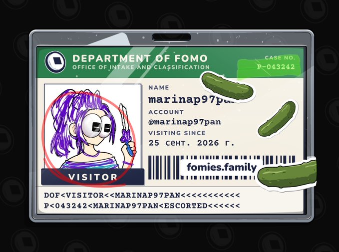 A digital ID card mockup styled as a visitor badge for the 'DEPARTMENT OF FOMO - OFFICE OF INTAKE AND CLASSIFICATION'. It features a hand-drawn portrait of a purple-haired anime girl, with name 'marinap97pan', account '@marinap97pan', visiting since '25 сент. 2026 г.', case no. 'P-043242', and the website 'fomies.family'. Pickle stickers are placed around the card.