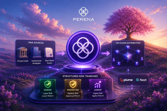 A promotional graphic for "PERENA" showing an ecosystem diagram with RWA Sources (Private Credit, Institutional Strategies, Real-World Assets), Structured Risk Tranches (Senior, Protected, Junior), and On-Chain Distribution (Plume, Nest).