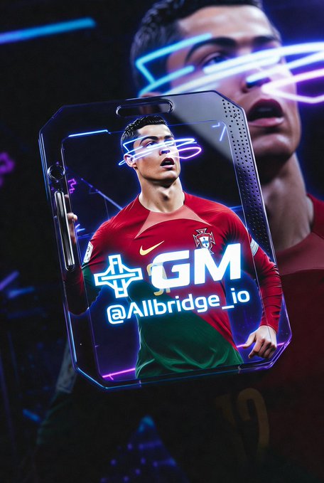 An image featuring a stylized soccer player in a red jersey resembling Cristiano Ronaldo with neon sunglasses, branded with 'GM @Allbridge_io' in a futuristic, neon-lit design.