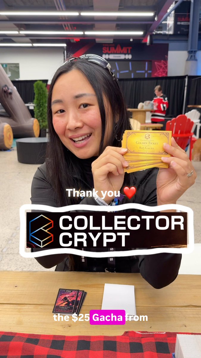 A woman at a convention holding golden "Collector Crypt" tickets labeled "$25 Gacha" with overlaid text "Thank you ❤️" and "Collector Crypt" logo.