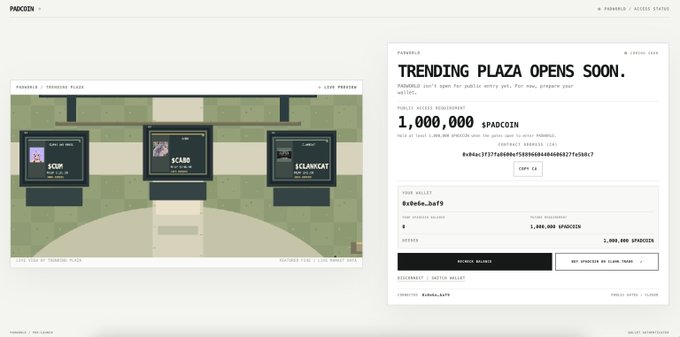 The image shows the PADWORLD website interface displaying "TRENDING PLAZA OPENS SOON" with a public entry requirement of 1,000,000 SPADCOIN, alongside a preview of the digital plaza featuring stores like "SCAM," "SCABS," and "SCLAWKAT." This supports the announcement that PADWORLD has soft launched, allowing users to connect their wallets and preview the unfinished virtual plaza environment.