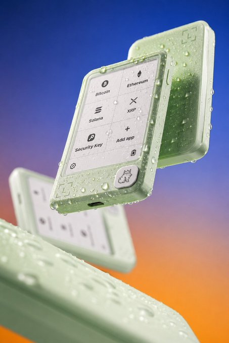 Multiple Ledger-style hardware wallets float against a gradient sky, with the central device displaying a menu showing Bitcoin, Ethereum, Solana, XRP, Security Key, and Add app options—visually reinforcing the post's message that true self-custody security extends beyond simply owning your keys to safeguarding every crypto signature you make.