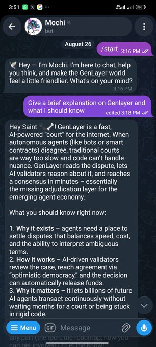 A Telegram chat screenshot with the 'Mochi bot' explaining GenLayer, describing it as a fast AI-powered 'court' for the internet where AI validators reach consensus via 'optimistic democracy' to settle autonomous agent disputes.