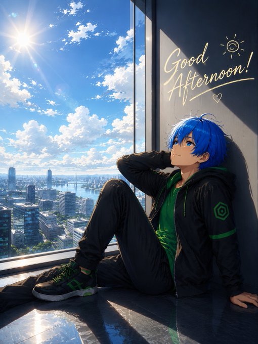 The image features a man sitting by a window with his head resting against the wall. The sun is shining through the window, casting a warm glow over him. In front of the man, there's a drawing that says "Good Afternoon!".