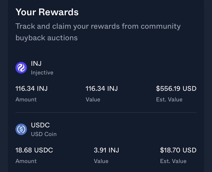 A screenshot of a 'Your Rewards' page showing crypto balances: 116.34 INJ (Injective) valued at $556.19 USD and 18.68 USDC (USD Coin) valued at $18.70, from community buyback auctions.