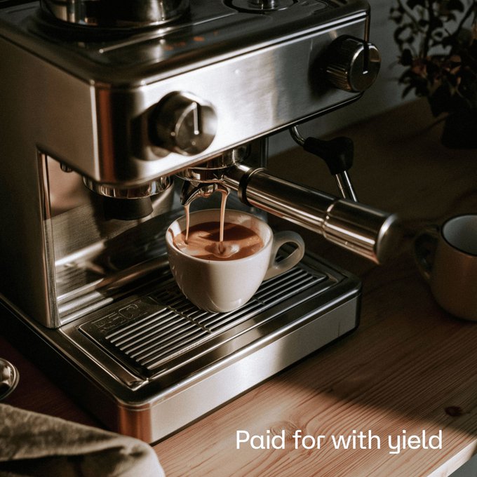 A stainless steel espresso machine pulls a double shot of coffee into a small white cup on a wooden counter, with the caption 'Paid for with yield' overlaid.