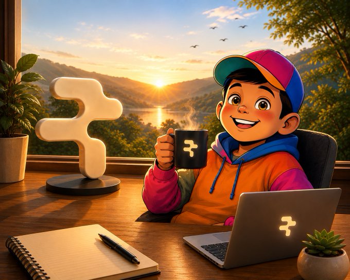 A cartoon-style illustration shows a smiling boy in an orange hoodie and colorful cap holding a mug with a 'T' symbol, sitting at a desk with a notebook and laptop while a sunset landscape is visible through the window behind him.