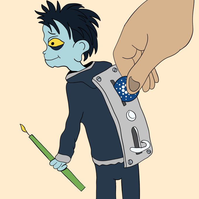 A cartoon illustration shows a blue-skinned character with dark hair holding a green candle, while a large hand inserts a blue, bubble-textured coin into a slot on the character's back.