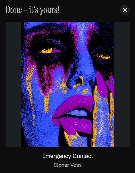 A screenshot of a music player displaying an album cover titled 'Emergency Contact' by Cipher Voss, showing a high-contrast, colorful image of a person's face with blue, yellow, and magenta paint.