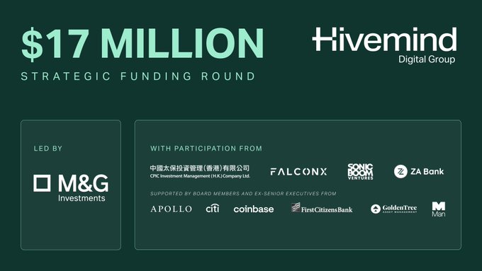Hivemind Digital Group announces the completion of a $17 million strategic funding round, led by M&G Investments, with participation from CPIC Investment Management, FalconX, Sonic Boom Ventures, and ZA Bank, plus support from board members and ex-senior executives from Apollo, Citi, Coinbase, First Citizens Bank, GoldenTree Asset Management, and M&G.