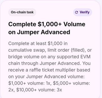 A mobile app screen displaying an 'On-chain task' titled 'Complete $1,000+ Volume on Jumper Advanced,' detailing swap, limit order, or bridge volume requirements and raffle ticket multipliers.