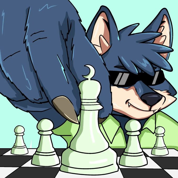 A cartoon illustration shows a blue wolf-like character wearing sunglasses and a green shirt, holding a large blue paw over white chess pieces on a chessboard.