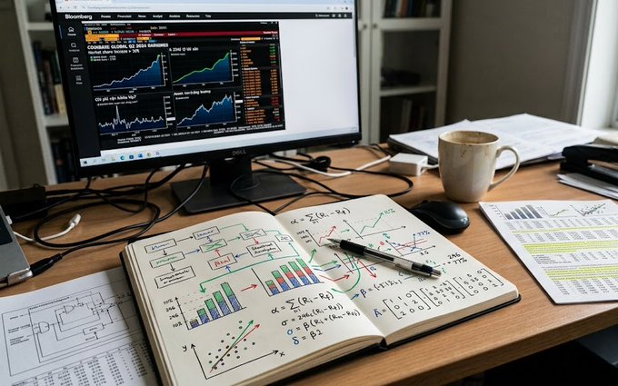 A desk setup featuring a Bloomberg terminal displaying market charts, alongside an open notebook filled with handwritten mathematical equations, graphs, and data analysis notes.