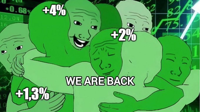 A meme of green Wojak characters hugging with percentage gains (+4%, +2%, +1.3%) on a stock chart background, captioned 'WE ARE BACK'.