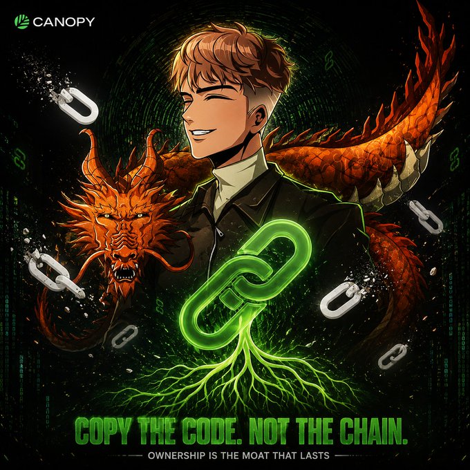 Canopy promotional graphic featuring an anime-style character and a red dragon, with the tagline 'COPY THE CODE. NOT THE CHAIN. OWNERSHIP IS THE MOAT THAT LASTS' and a green glowing chain link transforming into tree roots.