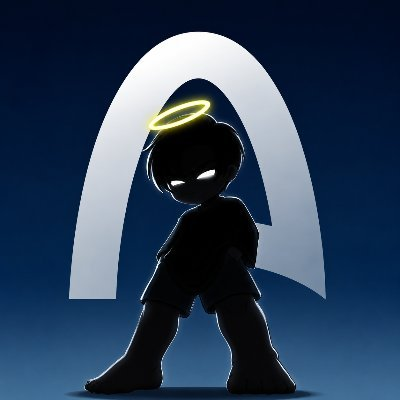 A silhouetted cartoon figure with glowing white eyes and a yellow halo stands against a dark blue background featuring a large stylized 'A' logo.