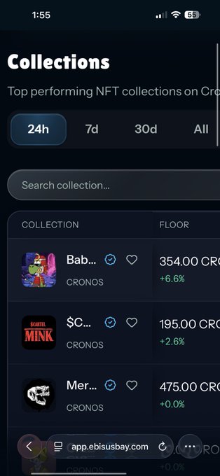 A mobile screenshot of a 'Collections' page on ebisusbay.com, displaying top performing NFT collections on Cronos, including a floor price of 354.00 CRO for one collection.