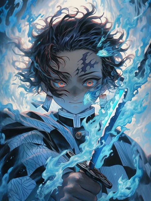 Anime-style illustration of a demon slayer character with dark hair, red irises, facial markings, and a sword surrounded by blue flames.