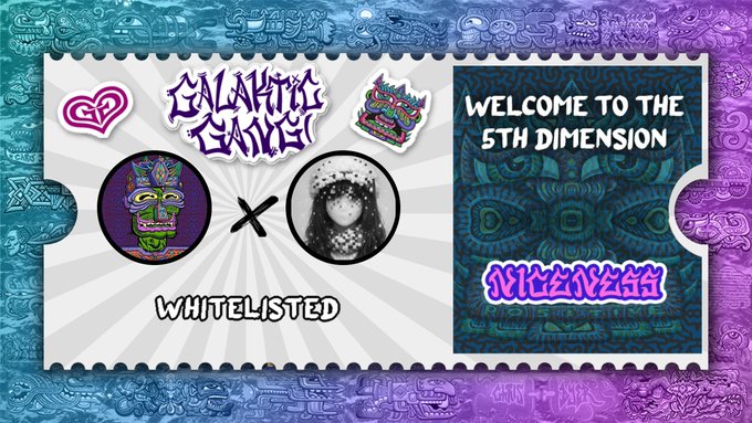 A stylized digital collaboration ticket featuring "GALAKTIC GANG" and "XEETER" logos with "WELCOME TO THE 5TH DIMENSION" and "WHITELISTED" text, alongside two character portraits (a colorful tiki mask and a dark-eyed figure) and the "BLAZEAA" branding, promoting a collaborative NFT whitelist between GalakticGangNFT and Xeetersyn on the Robinhood Chain.