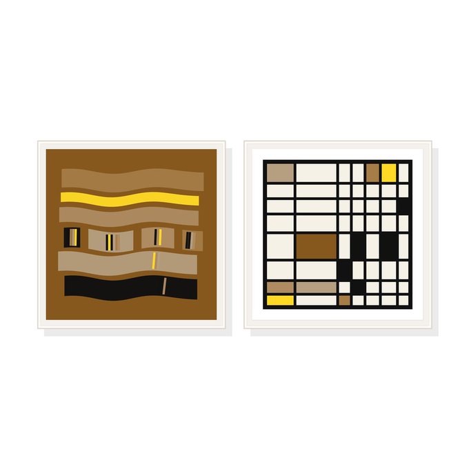 Two abstract minimalist artworks side by side — the left features wavy brown and yellow bands on a brown background, while the right shows a geometric Mondrian-style grid in cream, brown, black, and yellow.