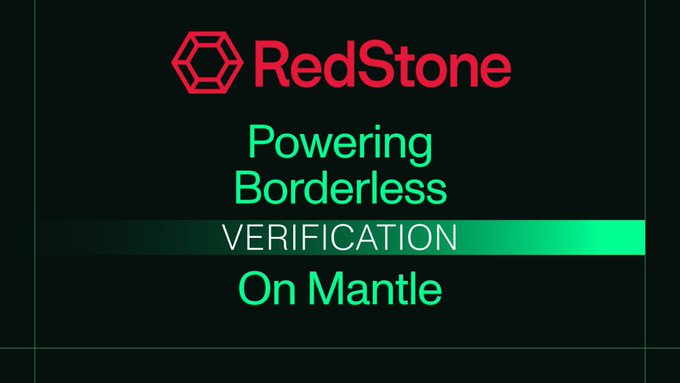 A promotional graphic with a black background displays the RedStone logo in red, with green text reading 'Powering Borderless VERIFICATION On Mantle'.