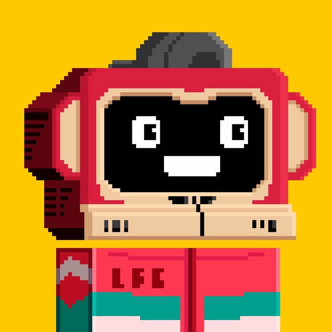 A pixel art image displays a robot character with a red frame, a digital screen face showing the letters 'GG', and a pink outfit with 'LFC' on the chest against a yellow background.