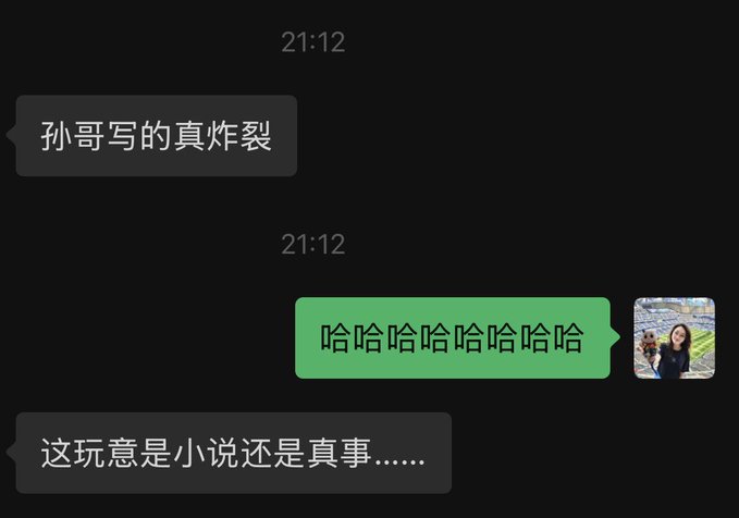 A WeChat conversation showing messages where a contact says "孙哥写的真炸裂" (Brother Sun's writing is truly explosive), the sender responds with "哈哈哈哈哈" (hahaha), and follows up with "这玩意是小说还是真事……" (Is this thing a novel or real...?). The exchange humorously references "Brother Sun" (孙哥) mentioned in the accompanying post, suggesting disbelief over whether an incredible story is fiction or reality.