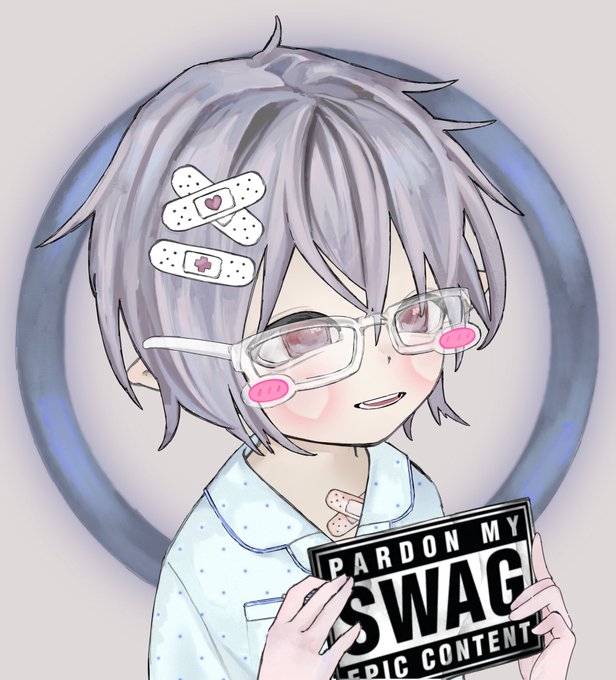 An anime-style portrait of a character with gray hair, bandages (bandaids) on their face, pink-tinted glasses, and a bandaid on their neck, holding a sign that reads 'PARDON MY SWAG EPIC CONTENT'.