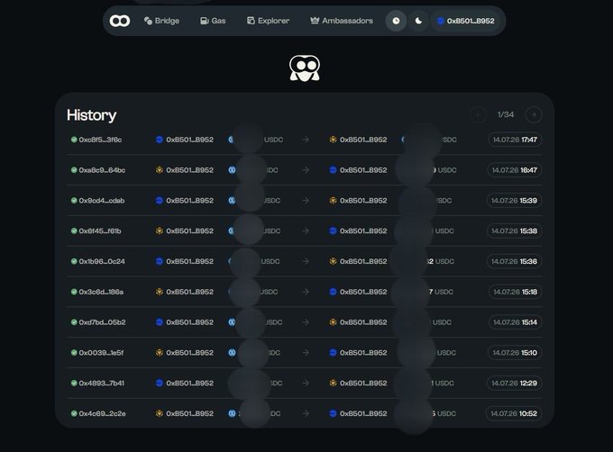 Screenshot of a cryptocurrency transaction history page showing a series of USDC swaps involving the token address 0xB501...B962 dated 14.07.26.