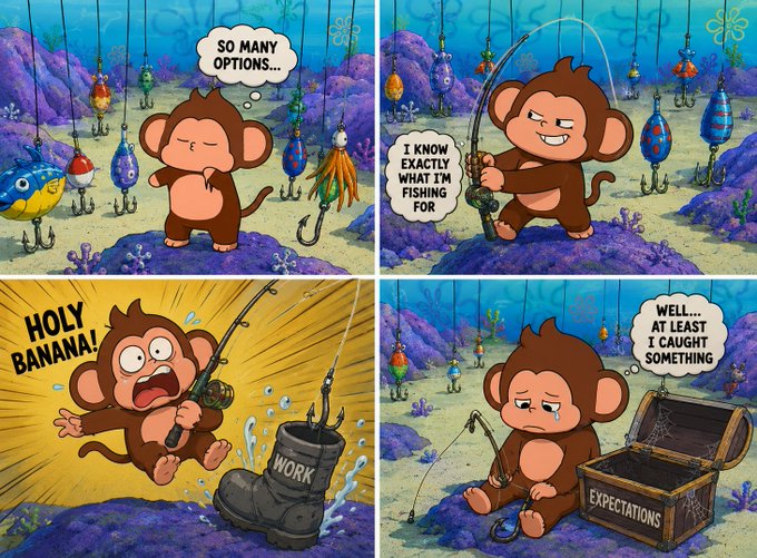 Four-panel pixel art comic of a monkey fishing with text bubbles: "SO MANY OPTIONS...", "I KNOW EXACTLY WHAT I'M FISHING FOR", "HOLY BANANA!", and "WELL... AT LEAST I CAUGHT SOMETHING", with visual labels "WORK" on a boot and "EXPECTATIONS" on an empty treasure chest.