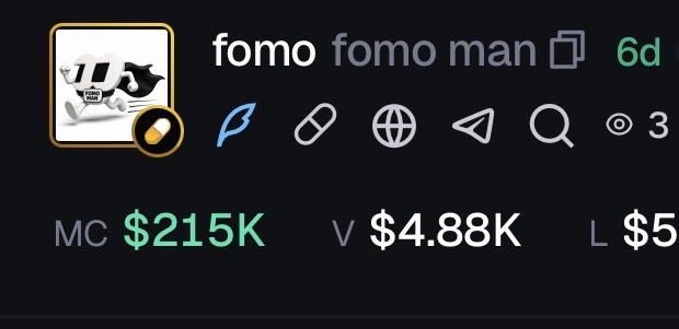 A screenshot shows a pump.fun token profile for "fomo fomo man," displaying a market cap of $215K, volume of $4.88K, 3 viewers, and a quirky ghost-and-whale mascot logo, reflecting the memecoin's recent viral post promoting its contract address.