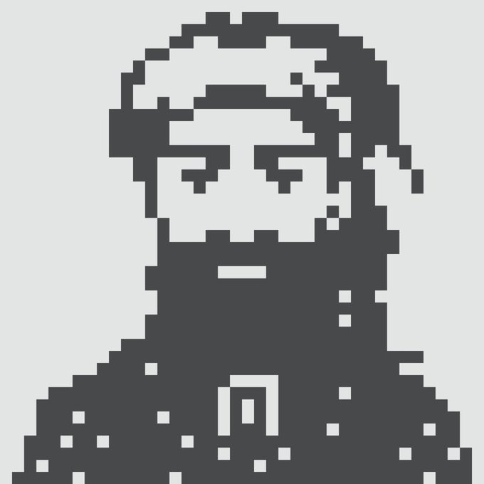 A black-and-white pixel art illustration of a person wearing a head covering and a necklace with the letter 'A', with small dots scattered around.