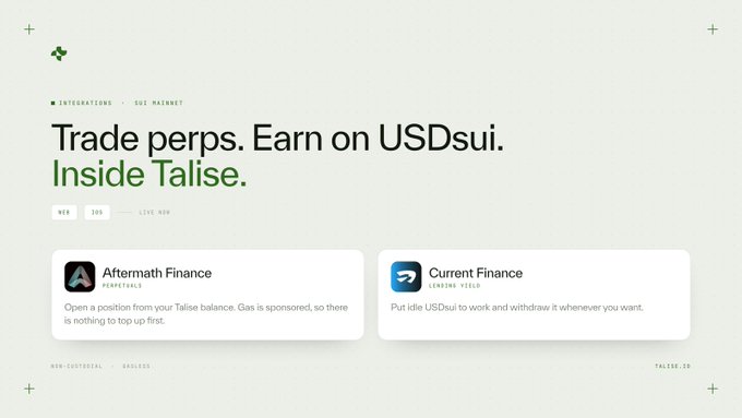 A webpage titled 'Trade perps. Earn on USDsui. Inside Talise.' showing integration cards for Aftermath Finance and Current Finance.