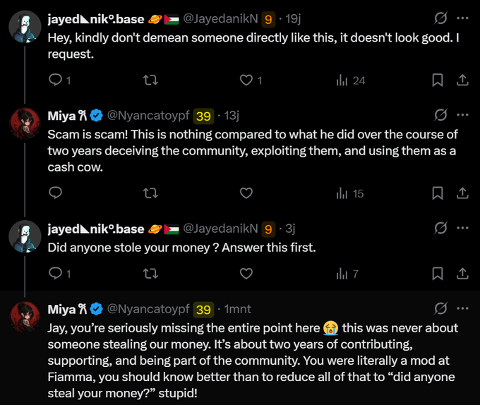 Screenshot of a Twitter/X thread exchange between users @JayedanikN and @Nyancatoypf discussing a community dispute, with jayedanikN asking not to demean others and miya responding that 'Scam is scam! This is nothing compared to what he did over the course of two years deceiving the community, exploiting them, and using them as a cash cow.'