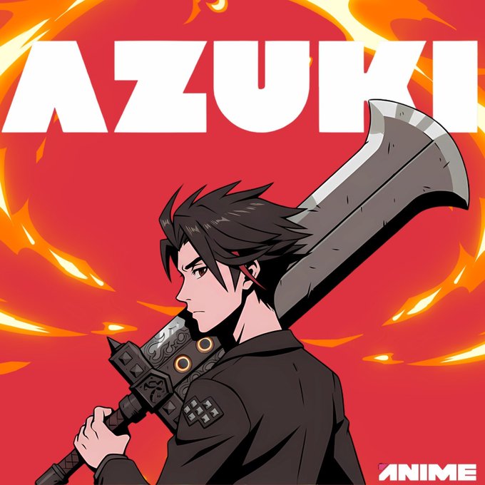 Anime-style illustration featuring a dark-haired character carrying a large sword over his shoulder against a fiery red and orange background, with "AZUKI" in bold white letters at the top and "ANIME" in the bottom right corner.