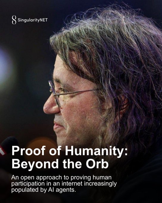 A profile photograph of a man with glasses and long hair, accompanied by text reading 'SingularityNET', 'Proof of Humanity: Beyond the Orb', and 'An open approach to proving human participation in an internet increasingly populated by AI agents.'
