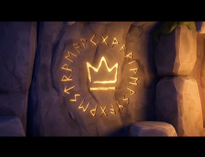A glowing golden crown emblem is etched into a stone wall, surrounded by a circular inscription of runes, with the text "CHOGS WIN" and "NFT XMAS" visible in the runic lettering. The image ties to the post's playful tone about "chogs winning" and reviving NFTs, using the royal crown symbol to humorously crown the Chogs as victors in the NFT space.
