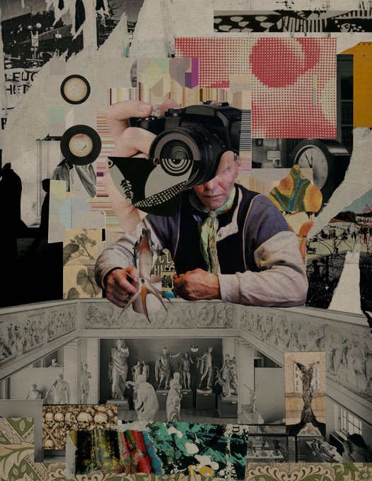 A surreal mixed-media collage featuring a photographer holding a camera to his eye, surrounded by fragmented imagery including classical statues, a patterned staircase, and various artistic textures.