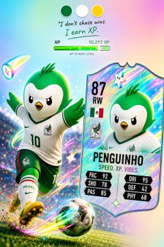 The image features two penguin characters from the FIFA World Cup soccer team, one standing upright with its arms outstretched while the other is running towards the camera. The background of the image shows a soccer field with a soccer ball visible on the ground. The caption for the image reads "my memory only gets worse with age, haha there was an XP update on @AbstractChain on Tuesday, and I only noticed it now but on the plus side, I've reached Tier I Gold although, judging by the Discord posts, under current conditions, some people manage to get it in almost a".