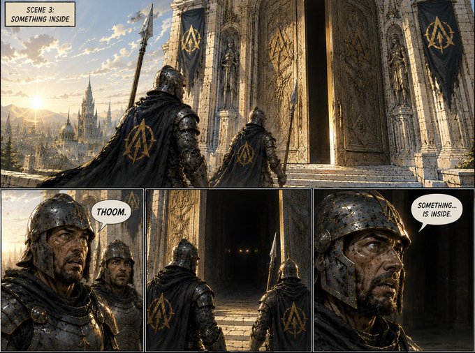 A comic book page labeled "SCENE 3: SOMETHING INSIDE" depicting armored knights with a triangular symbol on their cloaks standing before a stone temple entrance, with dialogue reading "THOOM" and "SOMETHING... IS INSIDE..."
