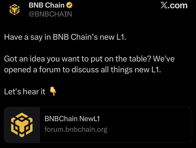 A BNB Chain tweet from @BNBCHAIN announces a community forum (forum.bnbchain.org) for users to share ideas about the upcoming "BNBChain NewL1," aligning with the poster's excitement about a fresh BNB L1 opportunity they claim to have anticipated.