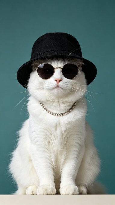 A white cat wearing a black bucket hat, round sunglasses, and a gold chain necklace poses against a teal background.