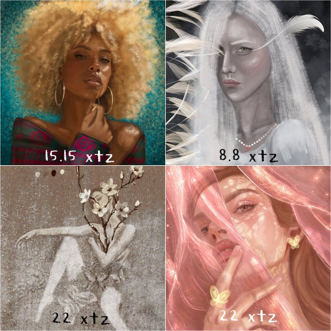 A collage of four digital portraits with text overlays including '15.15 xtz', '8.8 xtz', '22 xtz', and '22 xtz', depicting various female figures in diverse artistic styles.