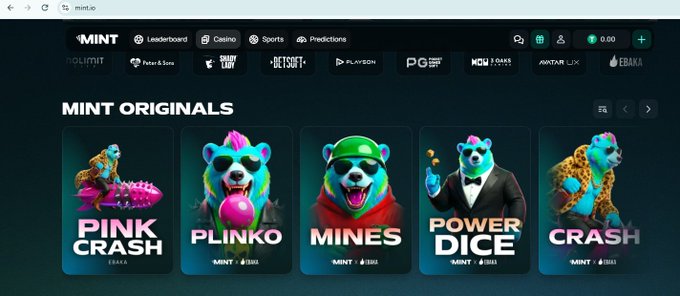 A screenshot of the MINT online casino website showing 'MINT ORIGINALS' games including Pink Crash, Plinko, Mines, Power Dice, and Crash, featuring colorful cheetah and bear mascots.