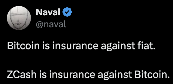 A tweet from Naval (@naval) reads: "Bitcoin is insurance against fiat. ZCash is insurance against Bitcoin." The image supports the post's theme by highlighting Naval's longstanding view of ZCash ($ZEC) as a hedge, reinforcing his status as an early investor and advocate for the privacy-focused cryptocurrency amid growing AI surveillance concerns.
