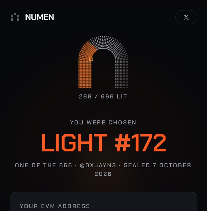 A digital achievement card from NUMEN displays an arch-shaped pixelated graphic in white and orange above the text "266 / 666 LIT," declaring the user as "LIGHT #172," "ONE OF THE 666," tied to the handle @0XJAYN3, and "SEALED 7 OCTOBER 2026." It relates to the post by showing the user has successfully secured one of the limited 666 spots in the NUMEN collection.