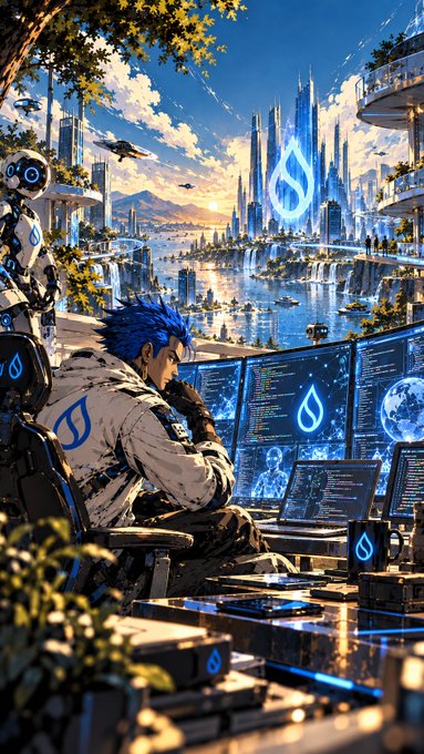 Anime-style illustration of a blue-haired figure working at multiple computer monitors displaying the SUI logo, with a futuristic cityscape and robot in the background.