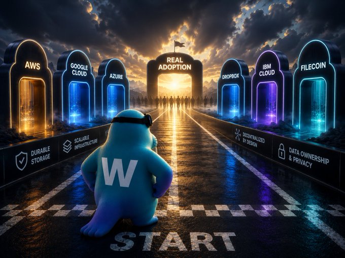 A digital artwork showing a blue mascot with a 'W' standing at a starting line facing gates for AWS, Google Cloud, Azure, Dropbox, IBM Cloud, and Filecoin under a 'Real Adoption' arch.