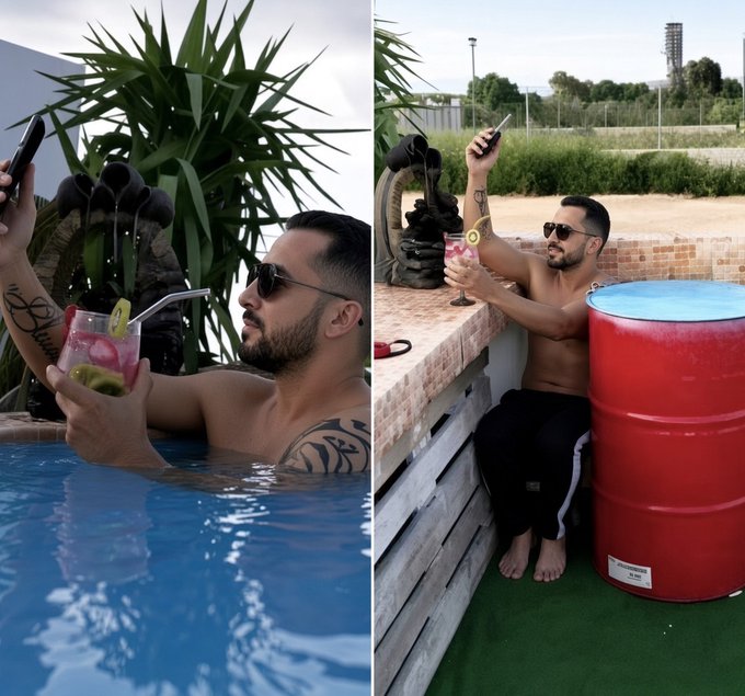A shirtless, tattooed man in sunglasses relaxes by a pool holding a cocktail garnished with a kiwi slice, taking a selfie in one frame while raising his glass beside a large red barrel labeled "PATIO HEATER 220v" in the other. The image contrasts the lifestyle "flex" associated with crypto trading gains, visually mocking the post's point that screenshots of profits don't prove real returns—only price action and timestamps after a call matter.