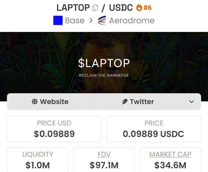 A cryptocurrency trading interface displays the $LAPTOP token priced at $0.09889 with a market cap of $34.6M and FDV of $97.1M, illustrating the dramatic decline referenced in the accompanying post about a token that peaked at $110B market cap before crashing to current levels.